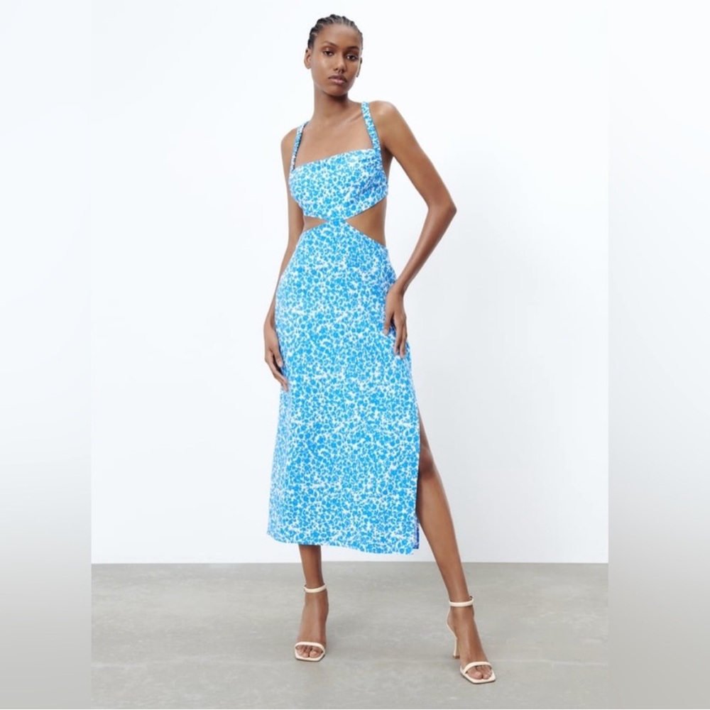 Blue Floral Cutout Midi Dress